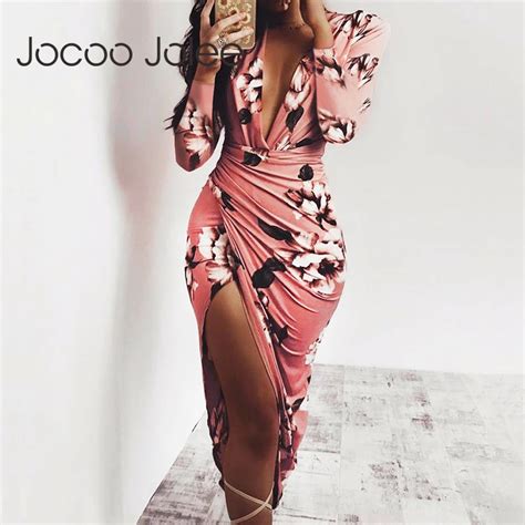 Jocoo Jolee Sexy Deep V Neck Slim Dress For Women Floral Print Long Sleeves Beach Dress Empire