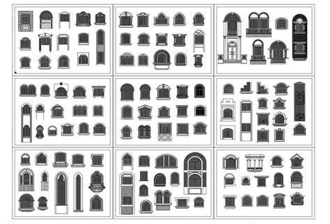 Classical Multiple Windows Elevation Blocks Cad Drawing Details Dwg