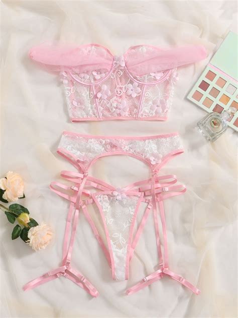 Pink Collar Floral Sexy Sets Embellished Slight Stretch Women Intimates
