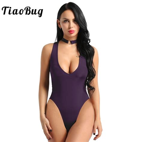 TiaoBug Women One Piece See Through Sheer Lingerie Necklace Collar High Cut Crotchless Thong