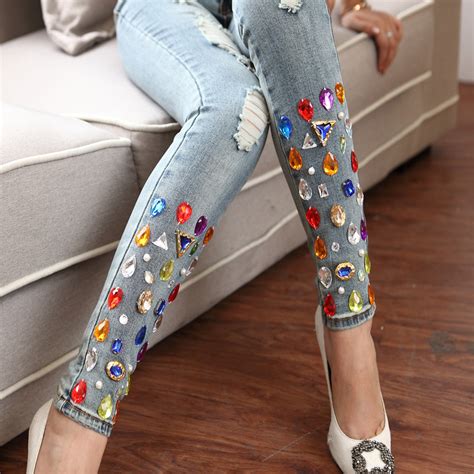 2015 Womnes Plus Size Elastic Rhinestone Skinny Jeans Pencil Body Shaping Pants Injeans From