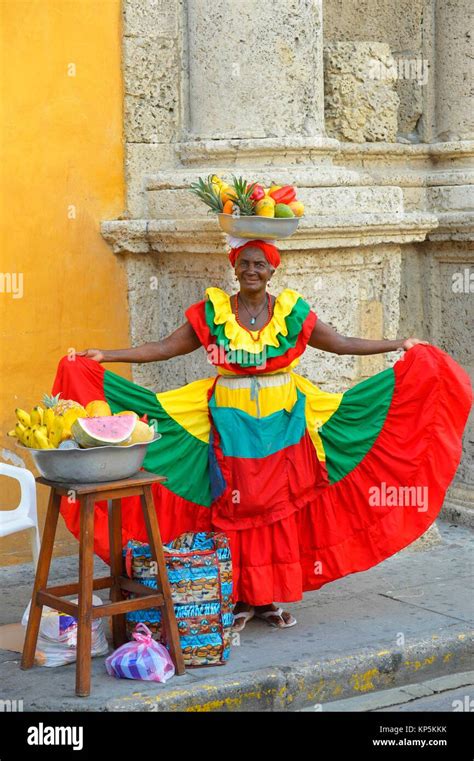 Colombian Woman Wearing Traditional Clothes In Cartagena De Indias