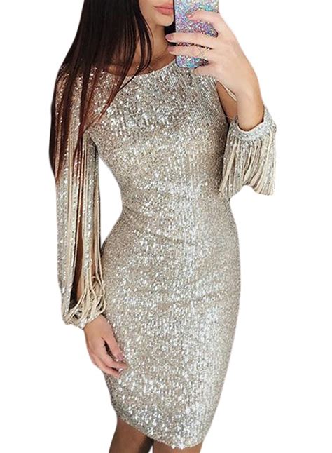 Elapsy Womens Fashion 2019 Sexy Sparkle Glitter Sequin Tassel Long Sleeve Round Neck Party