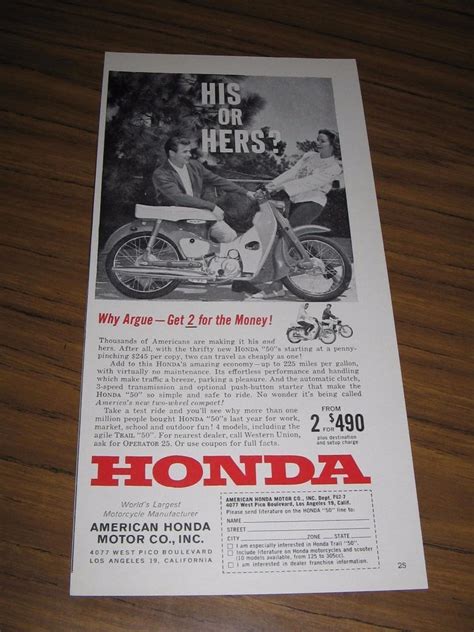 Maybe you would like to learn more about one of these? 1962 Print Ad Honda 50 Motorcycles up to 225 Miles Per ...