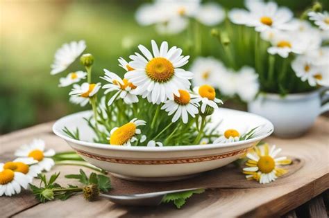 Premium Ai Image Daisies In A Bowl On A Wooden Table