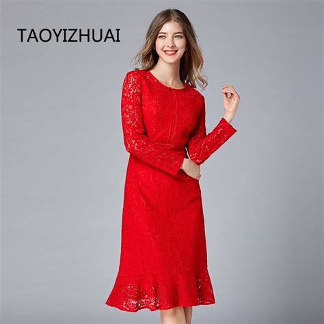 taoyizhuai casual style women lace dress autumn winter new plus size mermaid knee length elegant