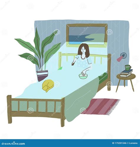 Young Woman Is Watching Tv In Bed Before Sleeping Stock Vector