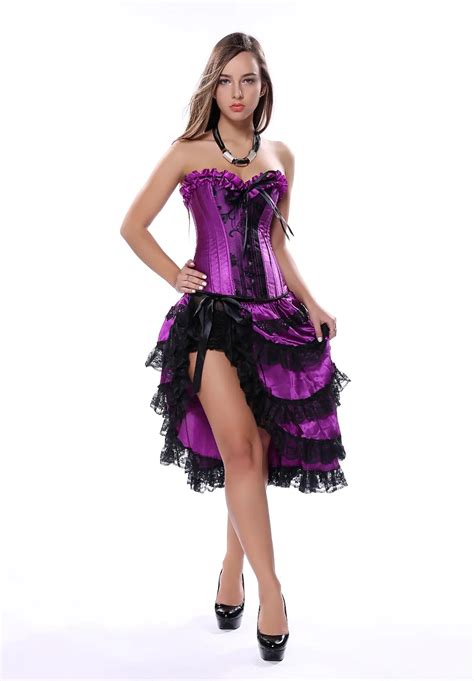 Gothic Burlesque Overbust Corset Sexy Purple Dancer Dress Lingerie Showgirl Top With Layed Skirt