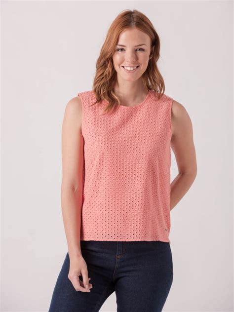 ladies hybrid coral pink sleeveless broderie top quba and co
