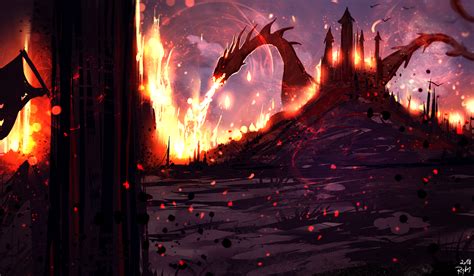 Wallpaper Digital Art Castle Volcano Dragon Fantasy Art Fire