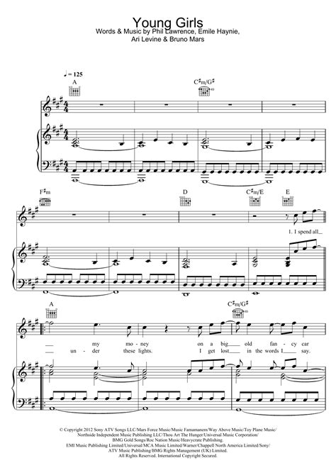Young Girls Sheet Music Bruno Mars Piano Vocal And Guitar Chords