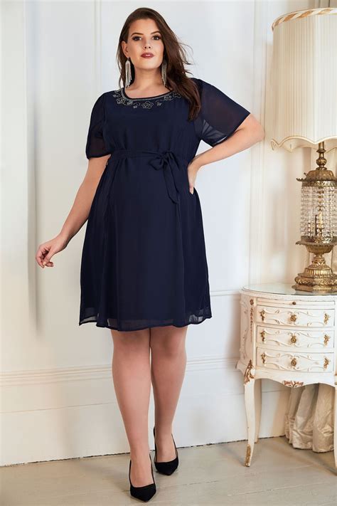 Bump It Up Maternity Navy Chiffon Skater Dress With Embellished