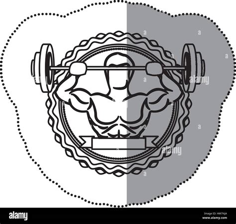 Contour Sticker Border With Muscle Man Lifting A Disc Weights And Label