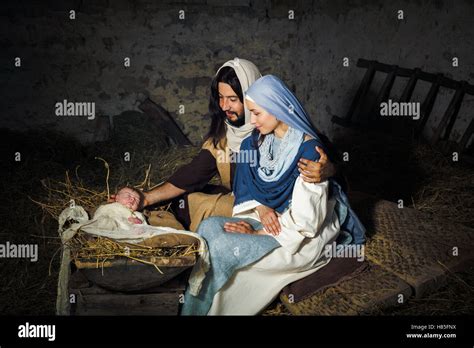 Live Christmas Nativity Scene In An Old Barn Reenactment Play With