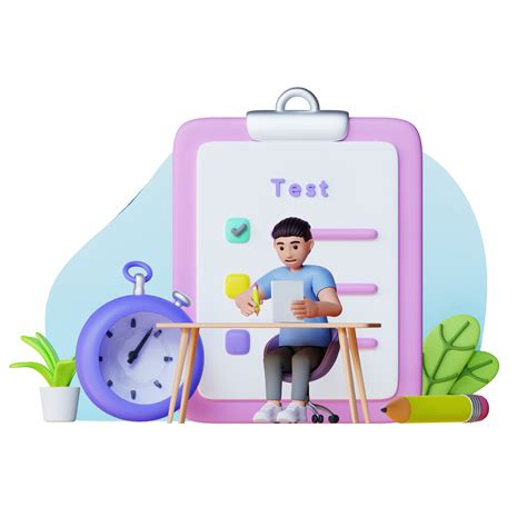 Young Man Holding Pencil And Taking Exam 3d Character Illustration