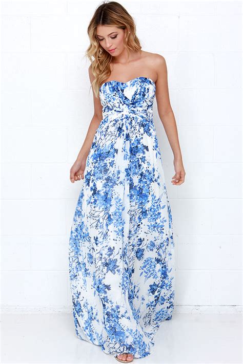 Beautiful Blue And Ivory Maxi Dress Floral Print Dress 10500