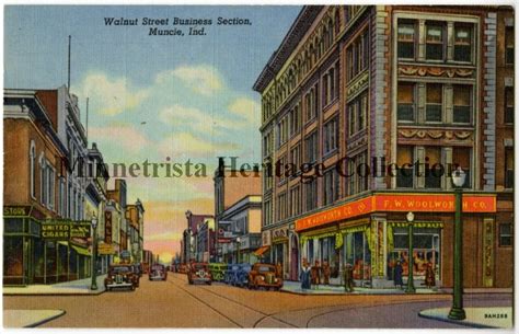 Postcard Walnut Street Business Section Muncie Ind