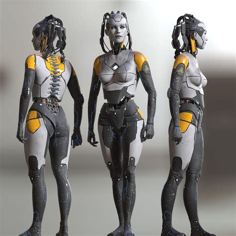 Three 3d Renderings Of Female Robots In Full Body Armor And Headgear Standing Next To Each Other