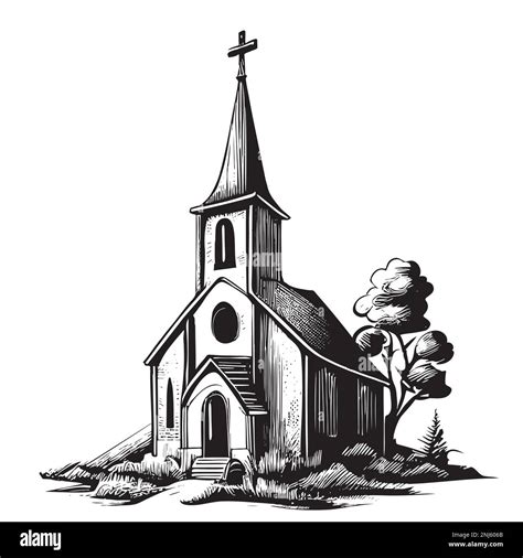 Church Retro Hand Drawn Sketch Illustration Landscape Stock Vector