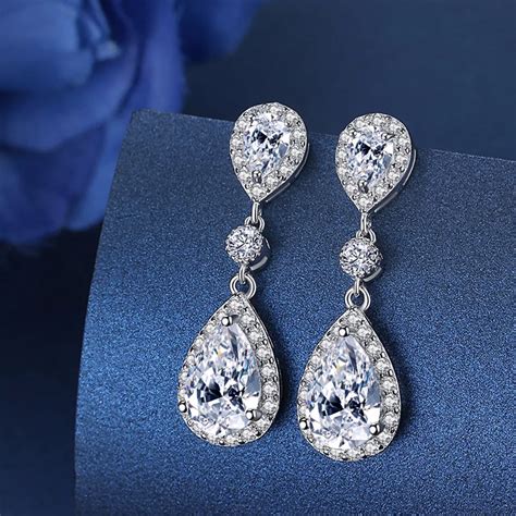 Bella Fashion Sterling Silver Teardrop Bridal Round Cubic Zircon Dangle Earrings For Wedding