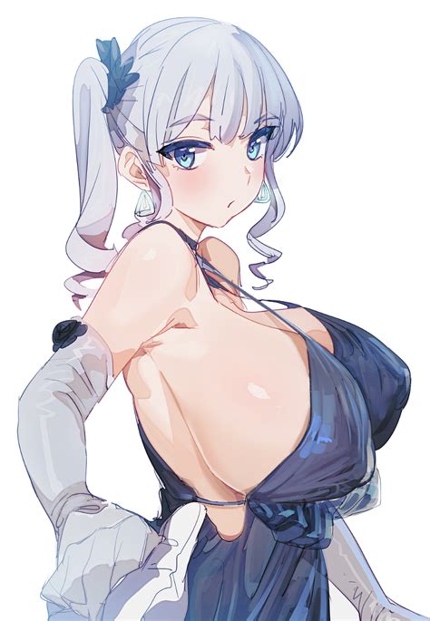 Bow Bhp Original 1girl Bare Shoulders Blue Dress Blue Eyes Blush Breasts Cleavage