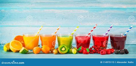 Various Freshly Squeezed Fruits Juices Stock Image Image Of Diet