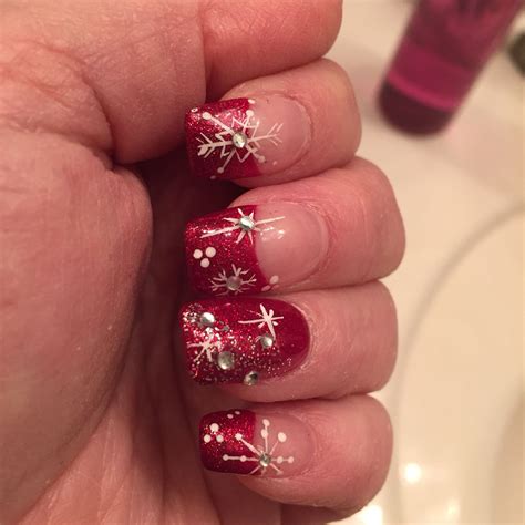 Red Glitter Christmas Snowflake Nails Red French With Red Accent Nail