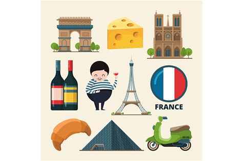 Collection Set Of France Landmarks Vector Icon Set In Cartoon Style By
