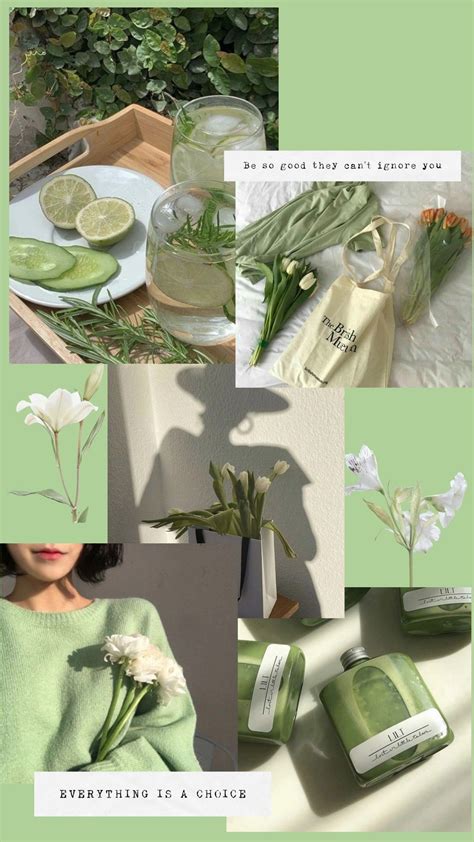Green And White Collage With Flowers Candles Soaps And Other Things In It