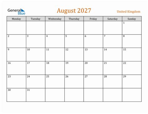 Free August 2027 United Kingdom Calendar