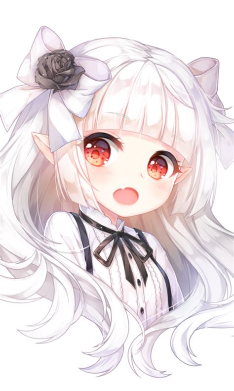 Download 480x800 Anime Girl Chibi White Hair Elf Ears Red Eyes