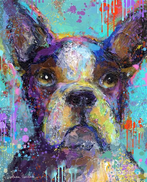 Vibrant Whimsical Boston Terrier Puppy Dog Painting By Svetlana Novikova