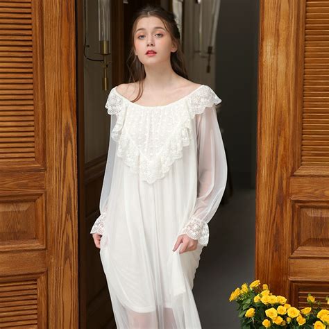 2019 Lace Ruffled Nightgown Flower Flare Sleeve Long White Pink Cotton Sleep Dress Women Casual