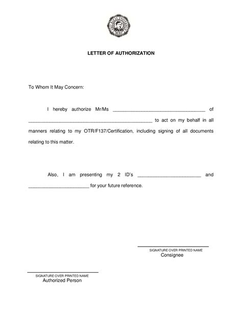 An authorization letter is a business document which temporarily transfers the authority of carrying out a specific task from one person to another person. 2020 Authorization Letter Templates - Fillable, Printable ...