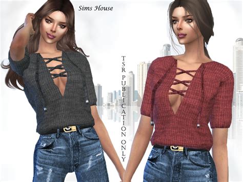 The Sims Resource Womens T Shirt With Lacing On The Neckline