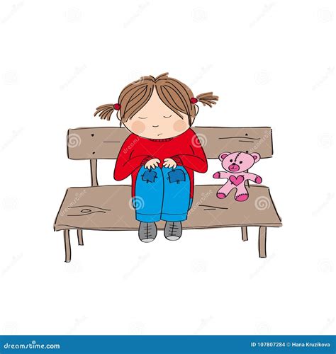 Sad And Alone Little Girl Sitting On The Bench Vector Illustration