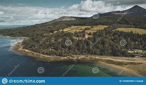 Scotland S Arran Island Landscape Aerial Zooming View Forests Meadows