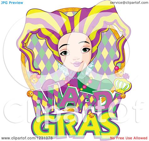 Clipart Of A Mardi Gras Jester Girl Over Text In A Frame Royalty Free Vector Illustration By
