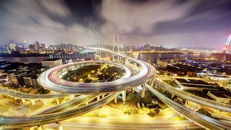 Architecture Building City Cityscape Clouds Shanghai China Highway Night Long Exposure