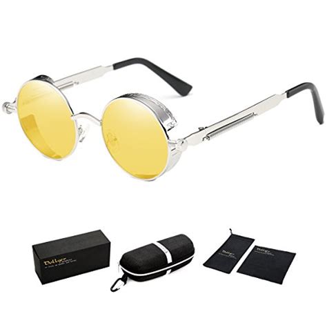 Dollger Round Vintage Steampunk Sunglasses For Men Metal Frame Yellow Tinted Lens Health Beauty