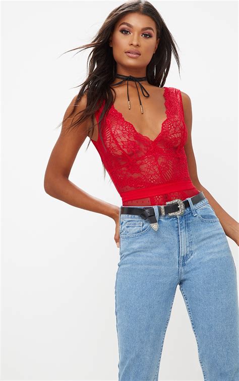 red lace bodysuit tops prettylittlething