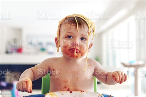 Baby Boy Eating Spaghetti Stock Photo Download Image Now Baby
