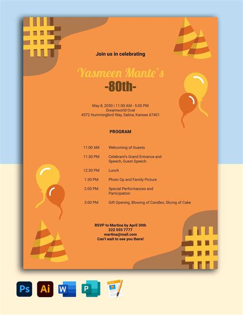 80th Birthdays Party Program Template In Word Psd Pages Illustrator