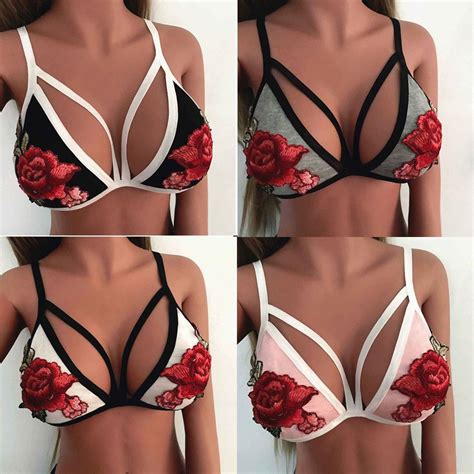 Women Lace Embroidered Appliques Floral Bralette Three Quarters