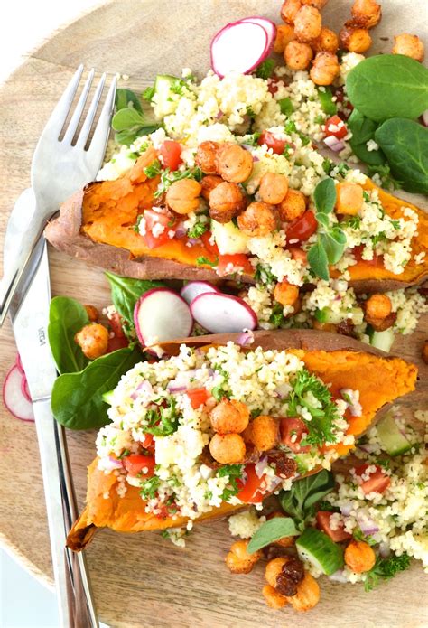 Fluff with a fork and season. Baked Stuffed Sweet Potatoes with Cous Cous Tabbouleh and ...