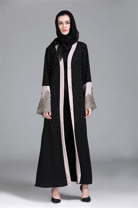 Elegant Beading Muslim Abaya Embroidery Full Dress Lace Cardigan Long