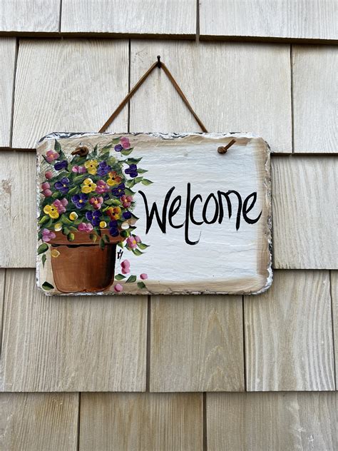 Painted Slate Welcome Sign Garden Slate Sign Floral Welcome Plaque