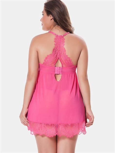 OFF Plus Size Lace Insert Underwire Sheer Mesh Babydoll Set In LIGHT PINK DressLily