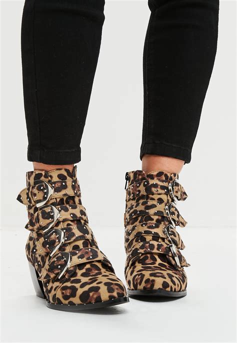 Missguided Brown Leopard Print Studded Strap Ankle Boots Lyst