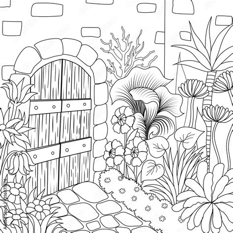Simple Line Art Of Beautiful Garden For Coloring Book Page Vector